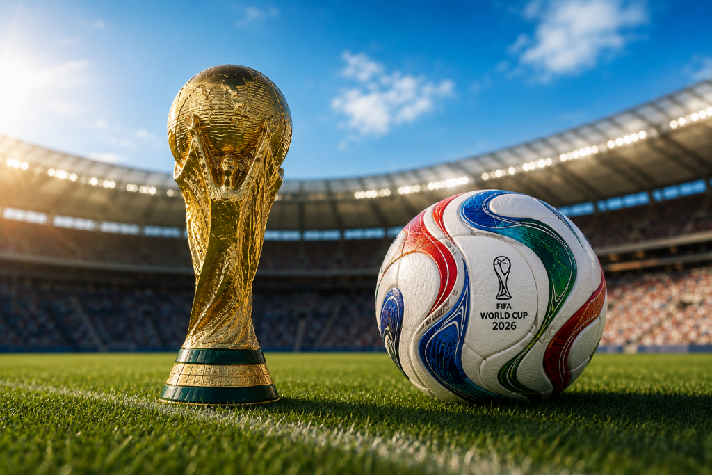Photo reconstituée par IA du Trophée et du Ballon FIFA WC 2026 à des buts d'illustration