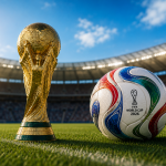 Photo reconstituée par IA du Trophée et du Ballon FIFA WC 2026 à des buts d'illustration