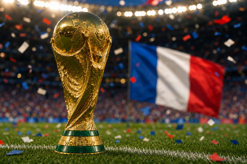 photo reconstituée par IA du trophée FIFA WC et du drapeau français à des buts d'illustration