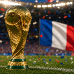 photo reconstituée par IA du trophée FIFA WC et du drapeau français à des buts d'illustration
